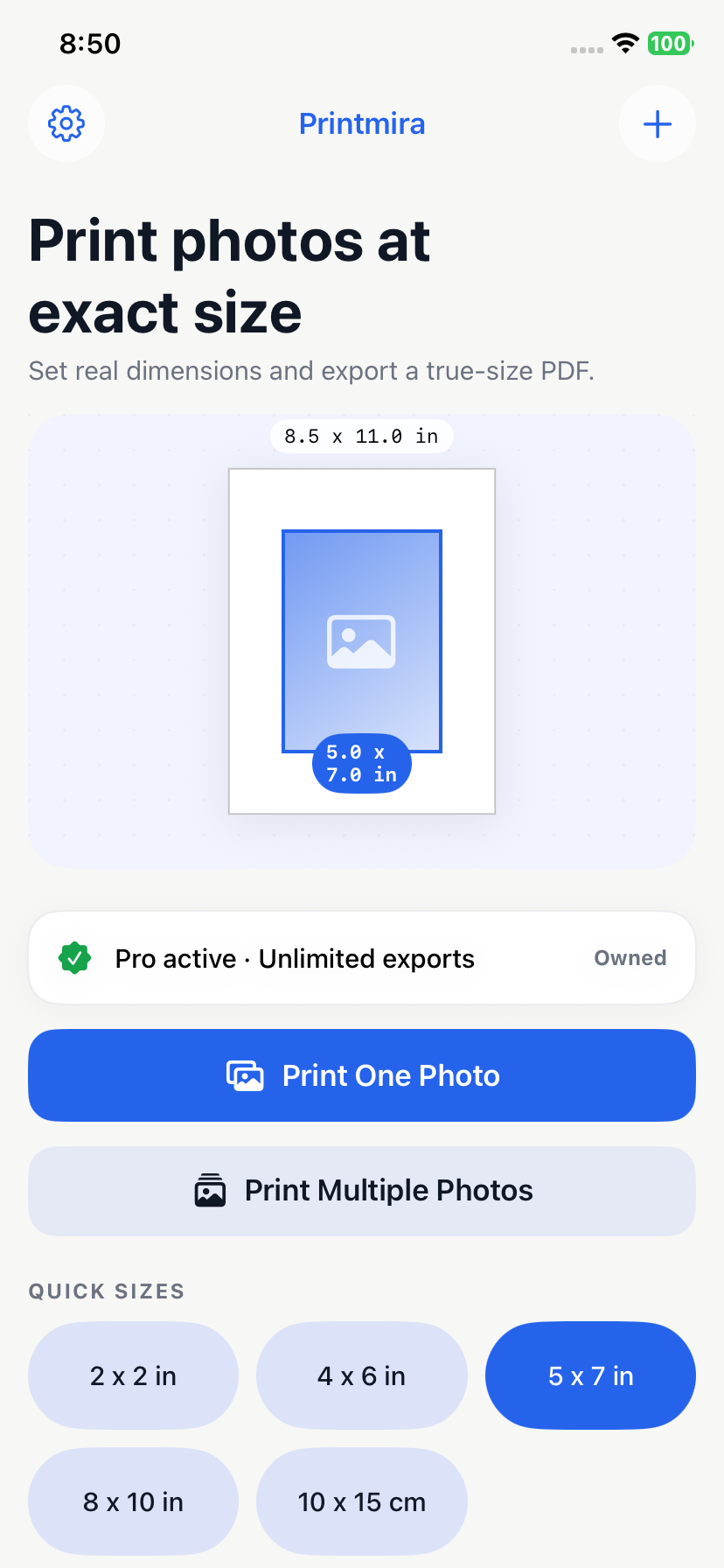 Actual Printmira iPhone home screen with a 5 by 7 inch photo-size preview, single and multiple photo actions, and quick sizes.
