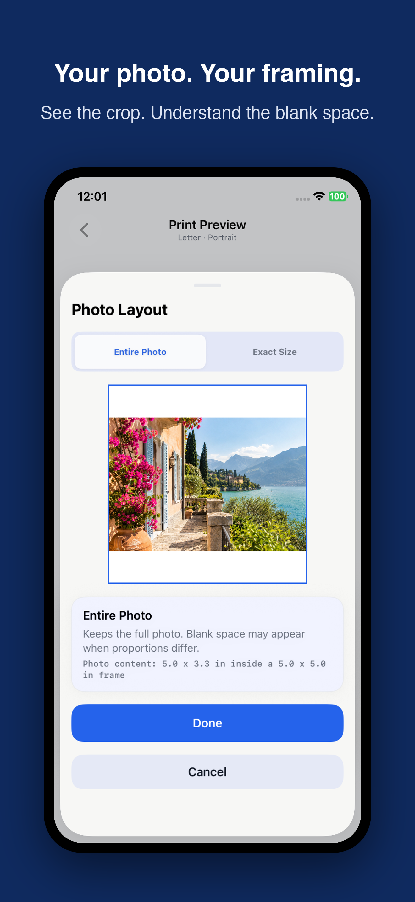 Printmira App Store screenshot showing the Entire Photo and Exact Size placement options.